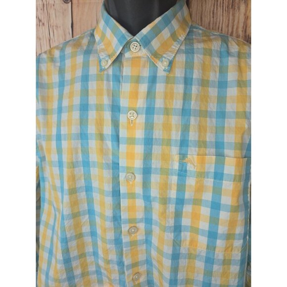 Tommy Bahama Mens Yellow Plaid Shirt Medium - Picture 3 of 8